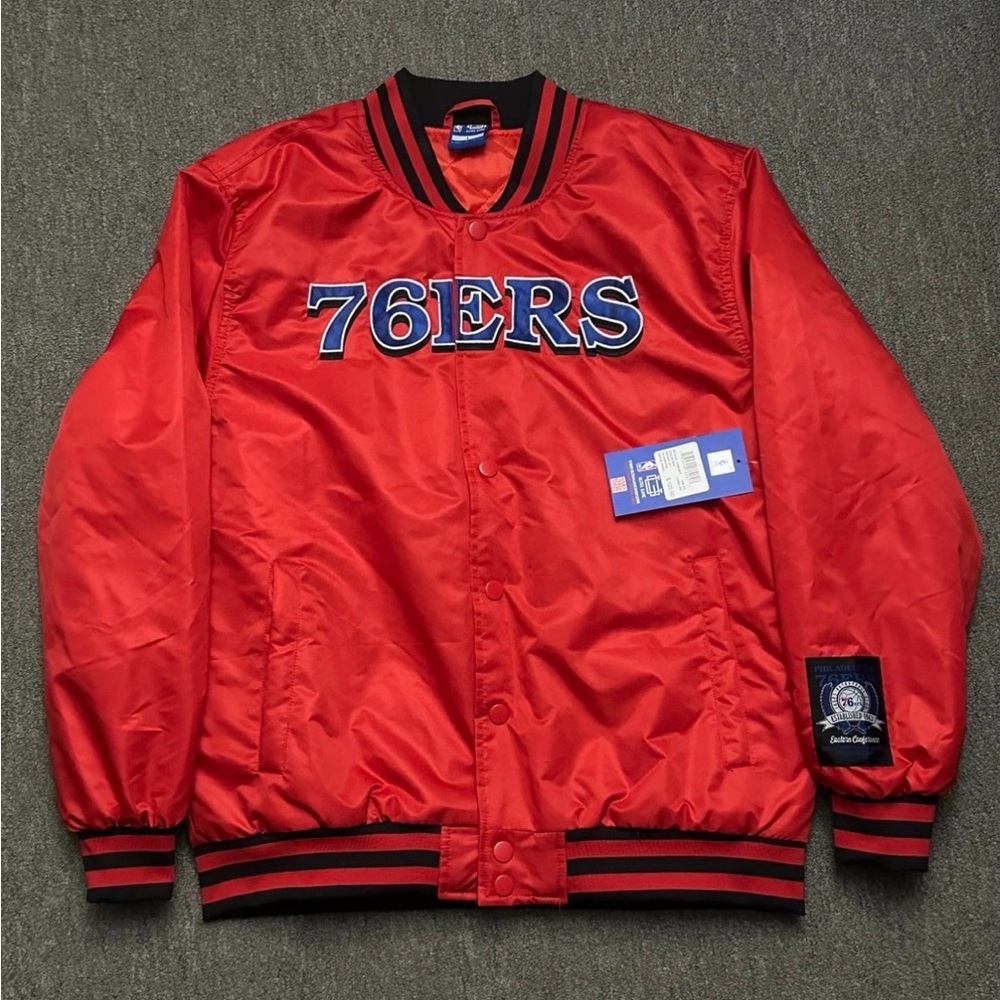 NBA Men's L Philadelphia 76ers Snap Up Red Bomber Varsity Satin Jacket